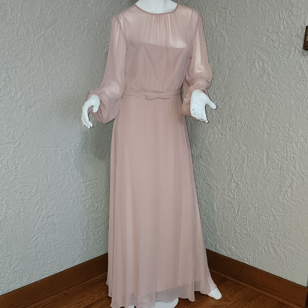 Dessy Collection Pink Bishop Sleeve Gown with Crew Neck